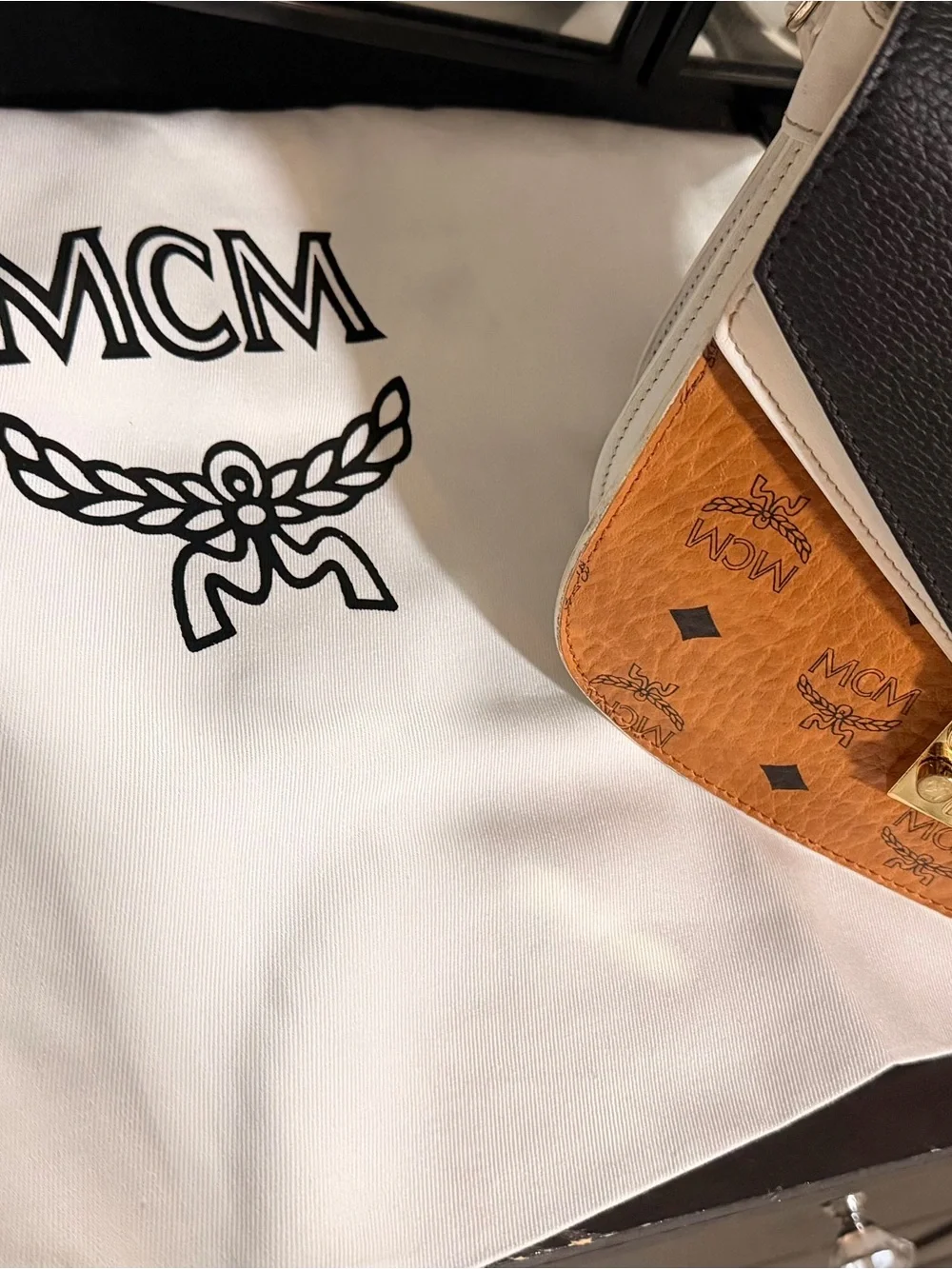 MCM Colorblock Visetos Crossbody in Cognac, Black & Cream